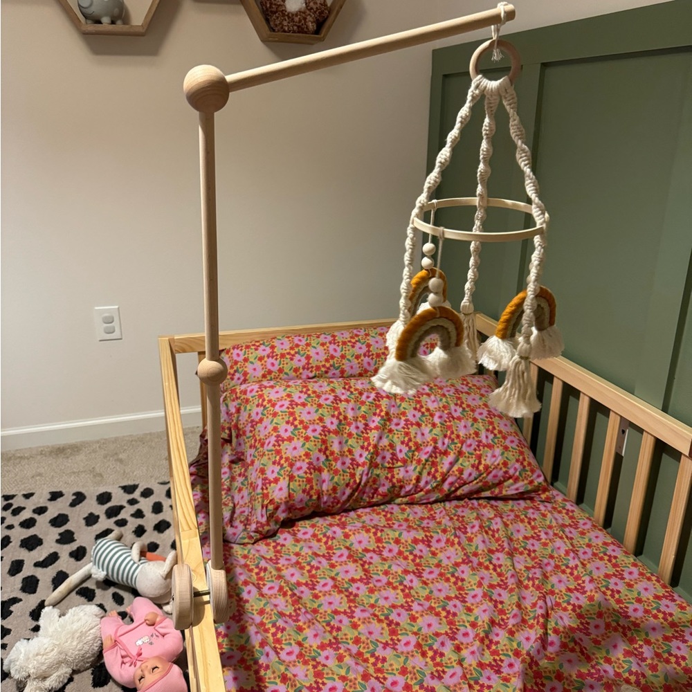 Wooden Baby Crib Mobile with Rainbow Accents
